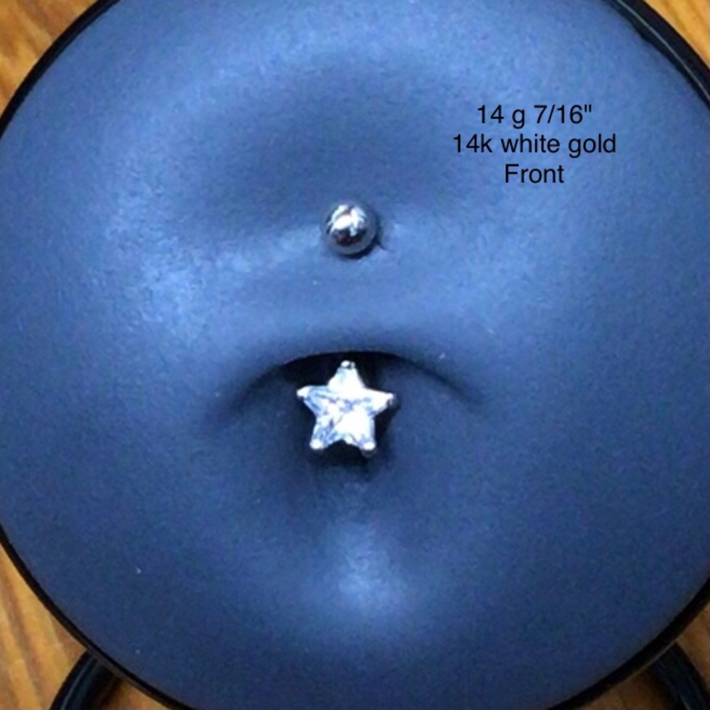14 gauge 7/16 curved barbell for navel. 14k white gold.